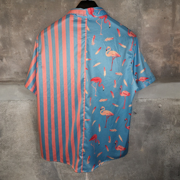 Vatpave Pink & Blue Hawaiian Flamingos & Stripes Button Casual Shirt LARGE - Picture 2 of 3